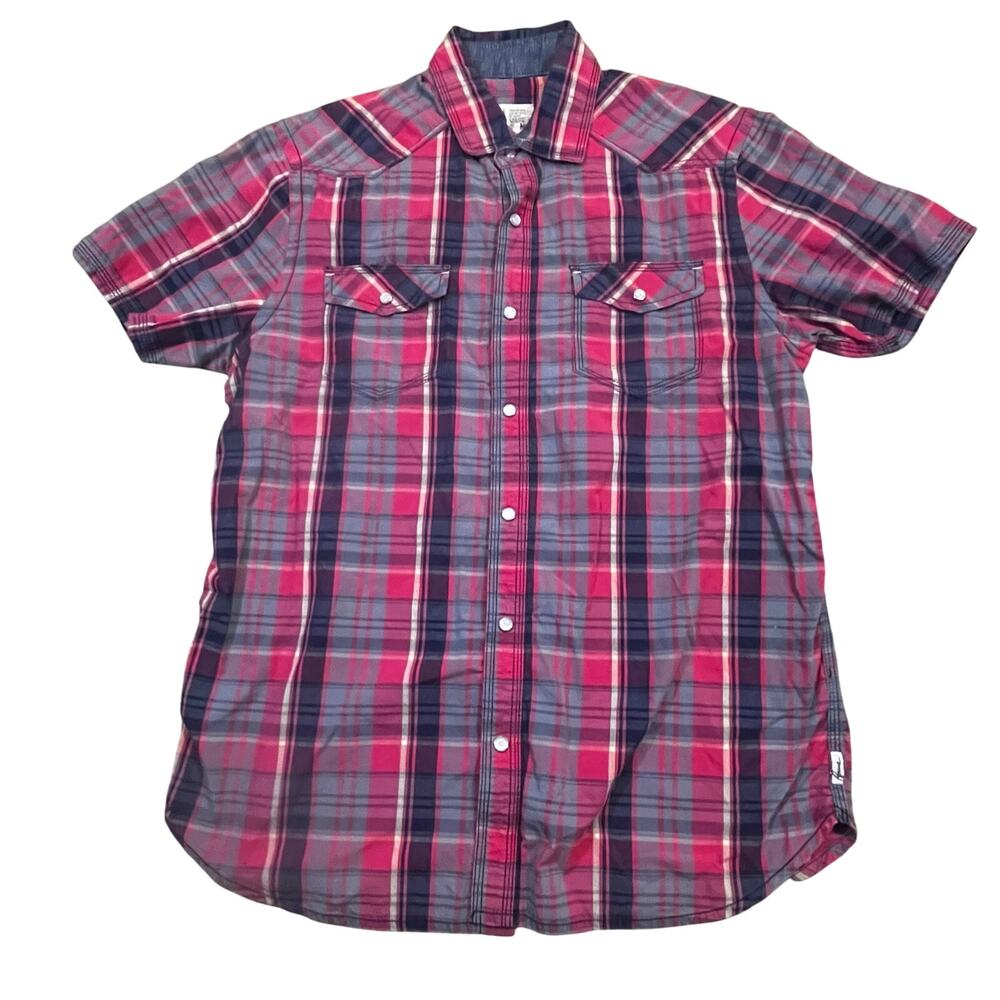 Howe Western Snap Shirt Mens Medium Plaid‎ Red Gray Short Sleeve Casual